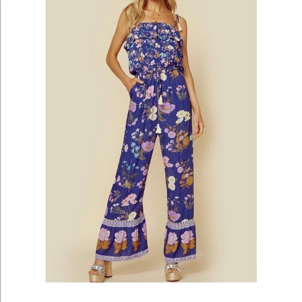 Spell Purple Floral Strapless Jumpsuit with Border Hem